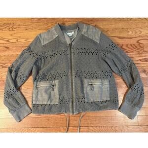 Sundance Gray Eyelet Zip Front Jacket Boho Utility Style Size M